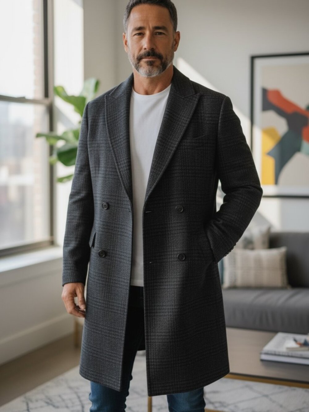 Oliver Spencer Slim Fit Plaid Double Breasted Wool Topcoat, Size 38 - Blue - New